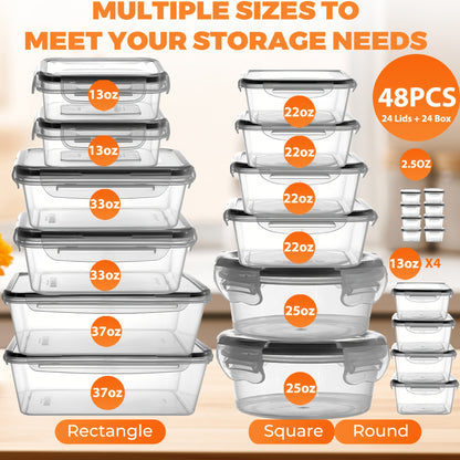 Food Storage Container Set BPA-Free with Airtight Snap Lids – Stackable Meal Prep Containers, Microwave & Dishwasher Safe, Leak-Proof Kitchen Pantry Organizer with Labels & Marker – 24, 48 or 50 Piece