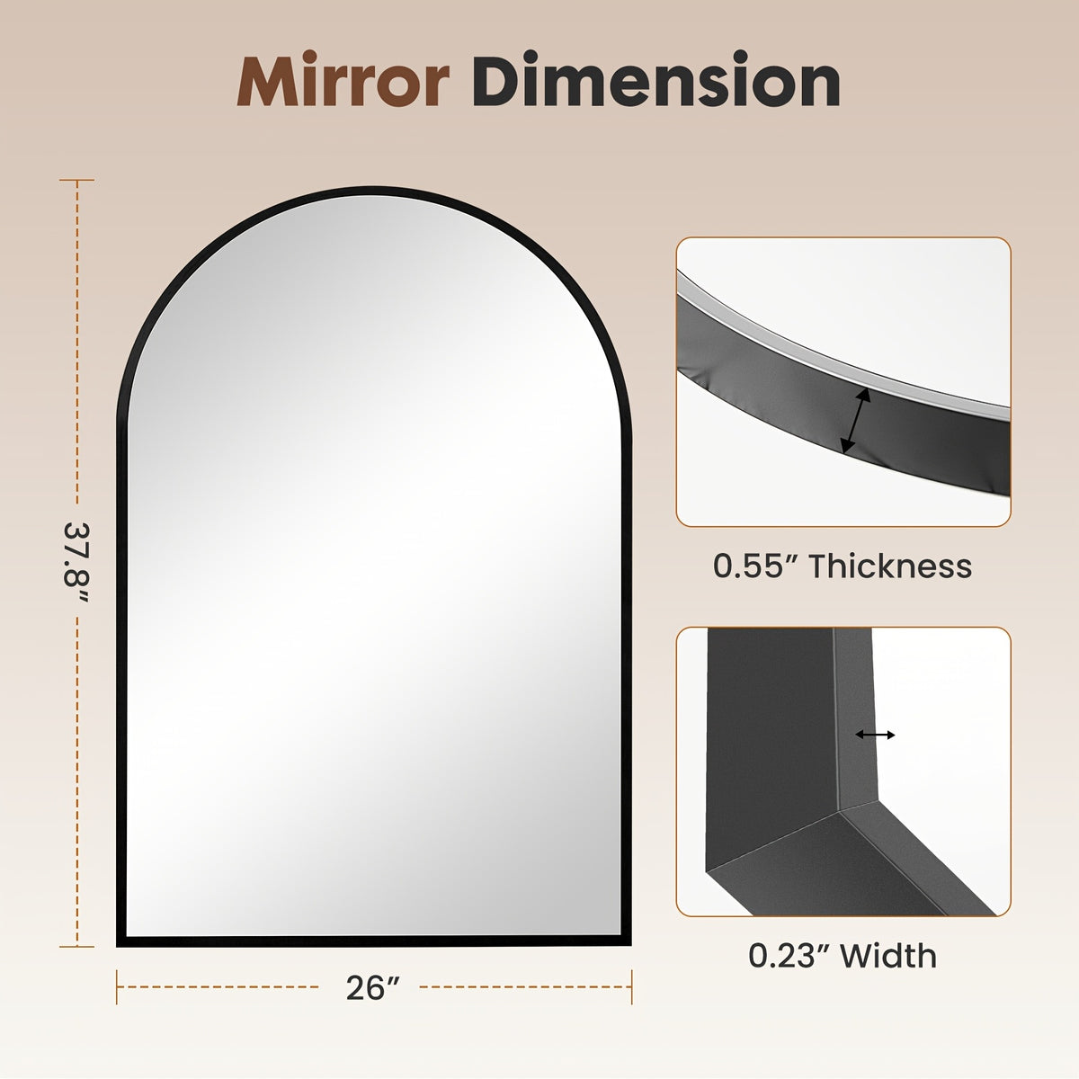 Gold Black Arch Mirror Wall Mounted Metal Frame Arched Wall Mirror Multiple Sizes for Bathroom Bedroom Entryway Living Room Vanity
