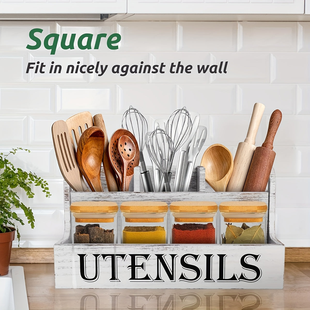 Extra Large Kitchen Utensil Organizer 4 Compartments Wooden Countertop Utensil Holder - Farmhouse Rustic Kitchen Storage for Cooking Utensils Spatulas Spoons - White Black