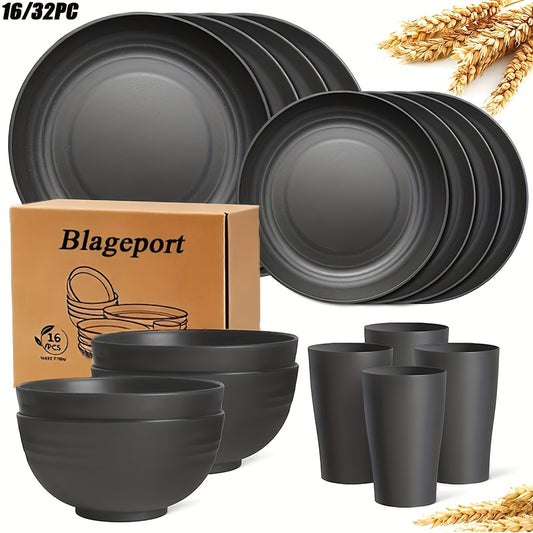 Wheat Straw Dinnerware Set 16 or 32 Piece Unbreakable for 4 or 8 People, Eco-Friendly Plates Bowls Cups Dishwasher Microwave Safe, Lightweight Camping Outdoor Indoor Dinnerware, Black Colorful