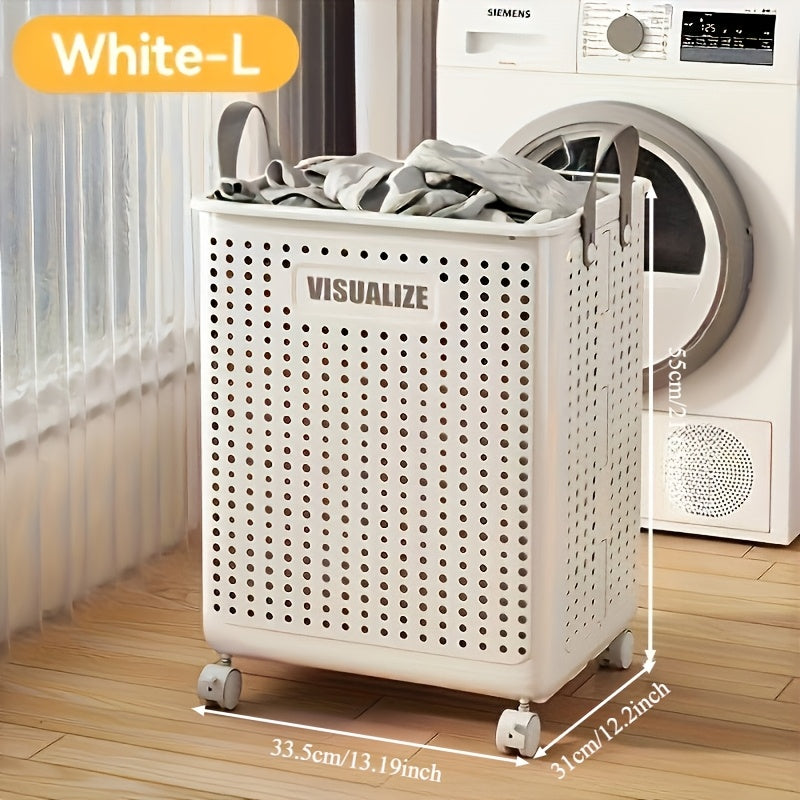 Laundry Basket with Wheels Extra Large Foldable - Breathable Rolling Laundry Hamper with Faux Leather Handles, Collapsible Space-Saving Clothes Storage Bin for Bathroom, Bedroom & Dorm, White Cream