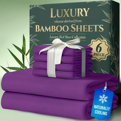 Cooling Bamboo Bed Sheets Set 6 Piece Ultra Soft Deep Pocket Double Stitching Breathable Summer Sheets for Hot Sleepers Twin Full Queen King 15 Colors White Black Gray Navy Lavender Green Pink