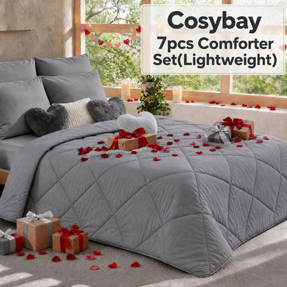 Pinch Pleated Comforter Set Queen King Full – 7 Piece Bed in a Bag with Sheets Pillowcases Pillow Shams, Hypoallergenic Down Alternative Microfiber Bedding 33 Colors All Season