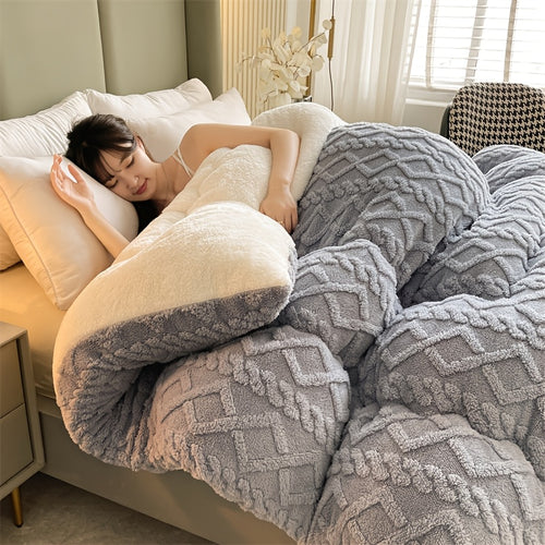 Fleece Blanket Plush Throw for Bed - Premium Thick Warm Winter Blanket, Soft Fluffy Microfiber Velvet Quilt with Vintage Geometric Design for Bedroom, Couch & Hotel, Twin Queen King, Grey Blue Beige