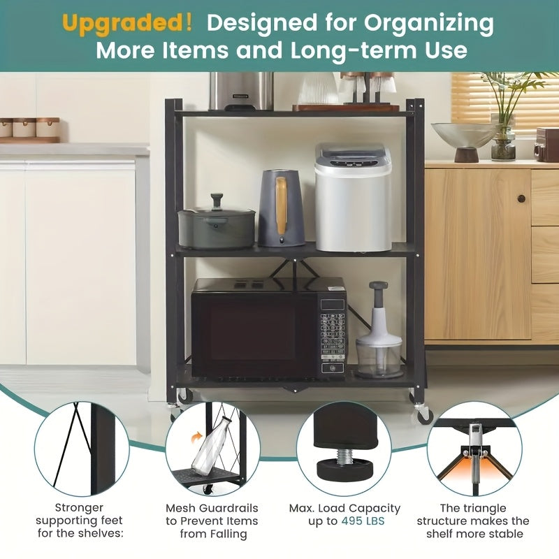 3-Tier Rolling Storage Rack with Wheels | Heavy-Duty Foldable Shelving Unit for Garage & Kitchen | Black Iron Utility Cart, Multi-Purpose Organization