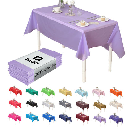 Disposable Plastic Tablecloth 12-Pack – Heavy Duty Table Cover for Parties, 84" Round & 54"x108" Rectangle, 22 Colors for Kitchen Dining Outdoor Events