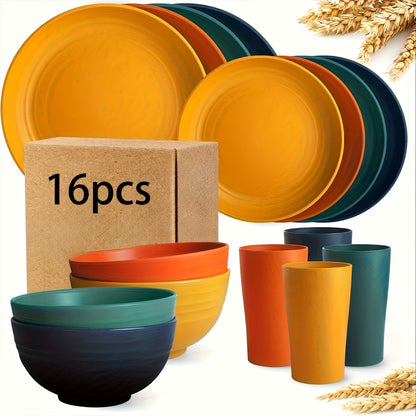 Wheat Straw Dinnerware Set 16 or 32 Piece Unbreakable for 4 or 8 People, Eco-Friendly Plates Bowls Cups Dishwasher Microwave Safe, Lightweight Camping Outdoor Indoor Dinnerware, Black Colorful