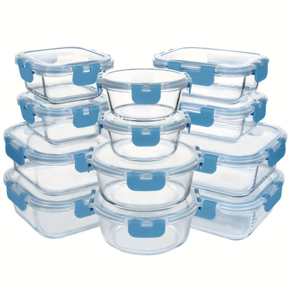 Glass Food Storage Containers 24 Piece Set – Borosilicate Glass Meal Prep Containers with Airtight Lids, Microwave & Dishwasher Safe, Multi-Size for Kitchen Food Storage, Lunch & Leftovers