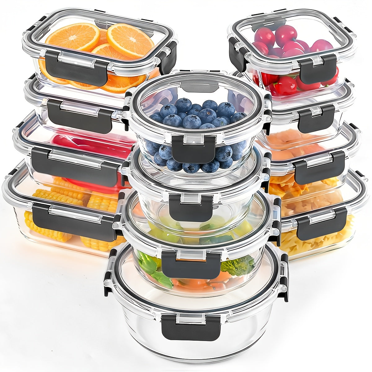 Glass Meal Prep Containers 12-Pack Thickened with Lids, Airtight Leak-Proof Glass Food Storage Containers for Lunch, Microwave Oven Freezer & Dishwasher Safe Bento Boxes for Kitchen Pantry