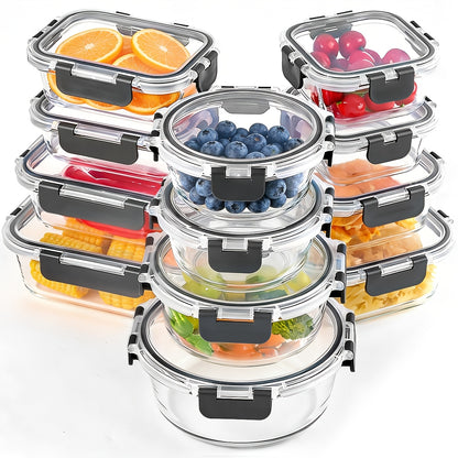 Glass Meal Prep Containers 12-Pack Thickened with Lids, Airtight Leak-Proof Glass Food Storage Containers for Lunch, Microwave Oven Freezer & Dishwasher Safe Bento Boxes for Kitchen Pantry