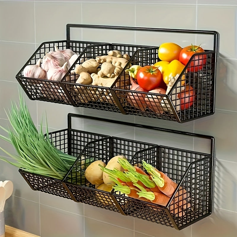 Kitchen Wall Organizer Wire Storage Shelf – No Drill Traceless Wall Rack for Garlic, Onions, Vegetables & Spices, 2 or 3 Grid Space-Saving Compact Kitchen Storage, Black