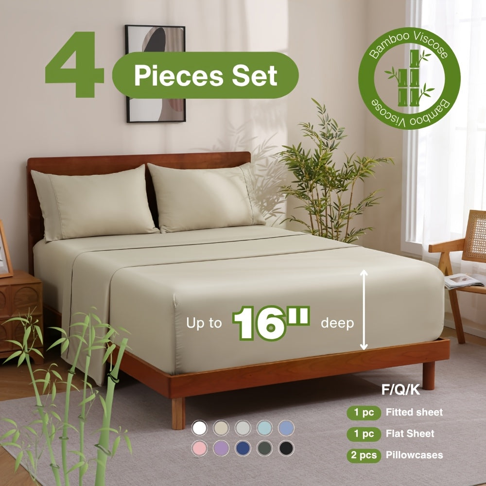 Bamboo Bed Sheet Set 4 Piece - 2000TC Cooling Sheets Deep Pocket 16 Inch, Luxury Soft Hotel Quality Fitted Sheet Flat Sheet Pillowcases, Wrinkle Shrink Resistant, Twin Full Queen King
