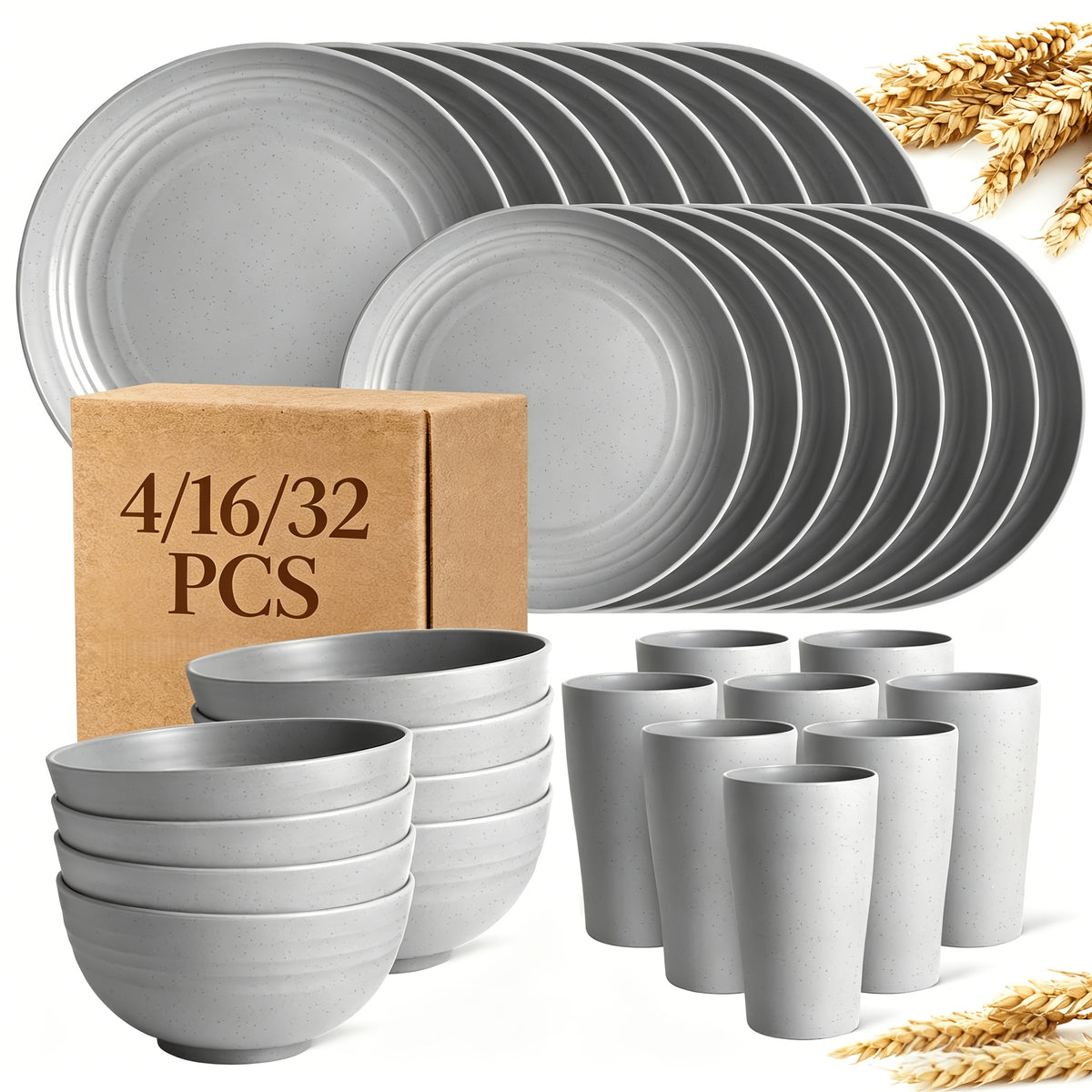 Wheat Straw Dinnerware Set Unbreakable Multicolor – 4 / 16 / 32 Piece Lightweight Dish Set with Dinner Plate, Dessert Plate, Bowl & Cup | Dishwasher Safe, Perfect for Camping, Everyday Use & Gifts | Home Viaco