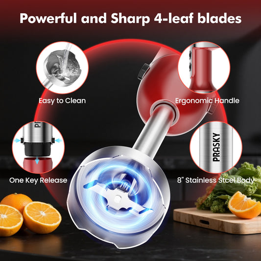 5-in-1 Handheld Immersion Blender Mixer Heavy Duty – Electric Hand Mixer with Whisk Meat Chopper Measuring Cups Attachments for Kitchen Cooking Baking Blending Soups Smoothies Black Red