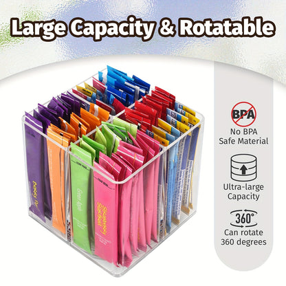 Rotating Drink Mix Organizer Rack Square Spinning Storage Holder for Powdered Beverage Packets Water Flavor Pouches Coffee Packets Tea Bags - Countertop Kitchen Organization 4.5 Inch