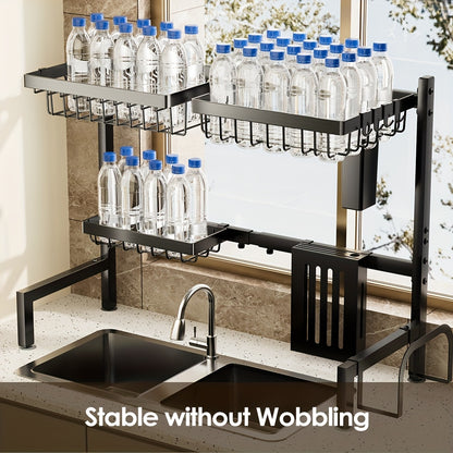Over Sink Dish Drying Rack 2 Tier Expandable - 304 Stainless Steel Kitchen Dish Rack with Drainage Tray Utensil Holder Knife Holder Cutting Board Holder, Adjustable 30-34 Inch Black