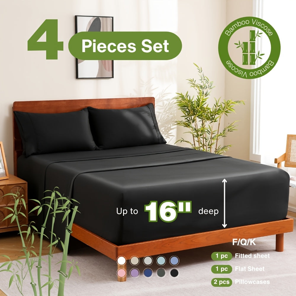 Bamboo Bed Sheet Set 4 Piece - 2000TC Cooling Sheets Deep Pocket 16 Inch, Luxury Soft Hotel Quality Fitted Sheet Flat Sheet Pillowcases, Wrinkle Shrink Resistant, Twin Full Queen King