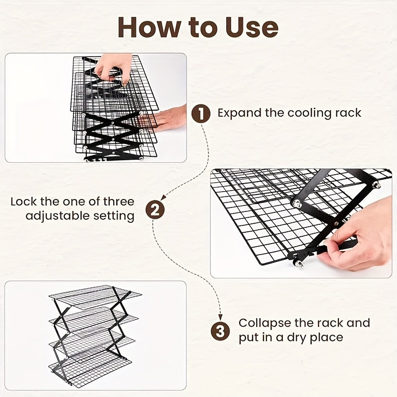 Collapsible Baking Cooling Rack 3 or 4 Tier – Stackable Metal Wire Rack for Baking Trays with Adjustable Settings, Baking Tools Set & Camping Grill for Cooking, Cooling & Cake Drying