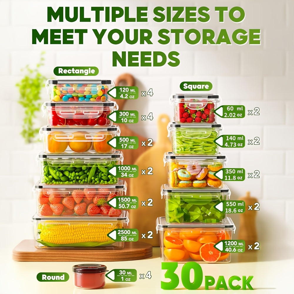 60-Piece Food Storage Containers with Lids BPA-Free Leak-Proof Meal Prep Containers Set - Reusable Plastic Kitchen Storage Containers with Labels & Marker Pen - 30 Boxes + 30 Lids