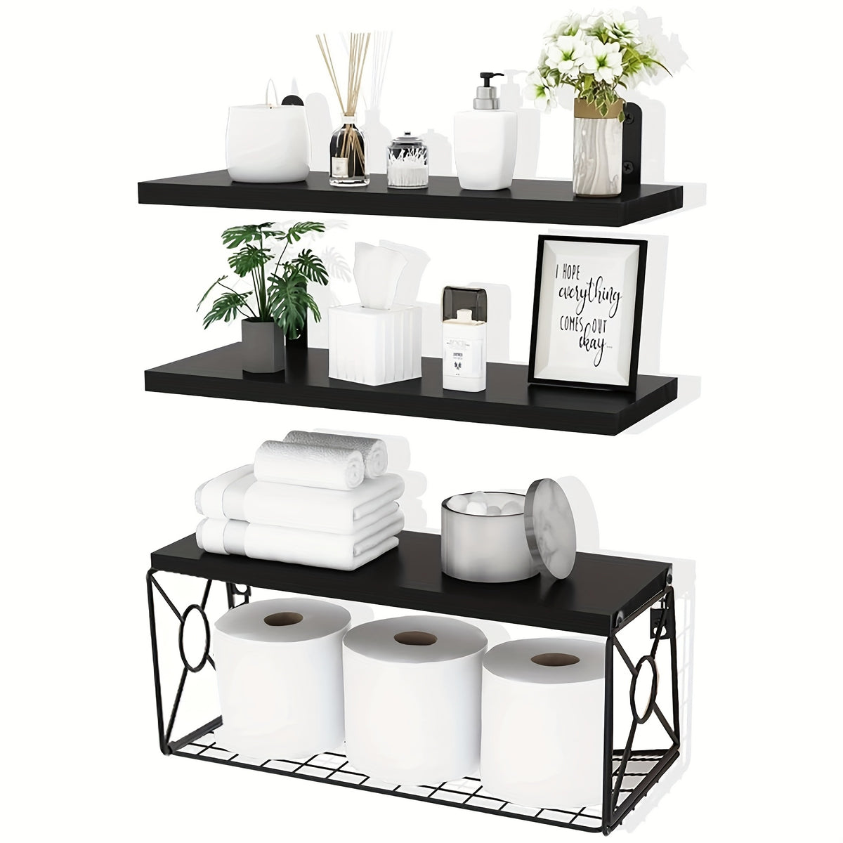 Floating Shelves Over Toilet 3 Piece Set | Wall Mounted Bathroom Storage Shelf with Toilet Paper Holder, Farmhouse Wood & Metal Organizer, Black & Brown