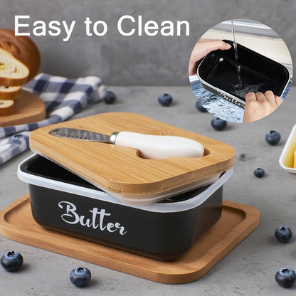 Butter Dish with Bamboo Lid and Knife – Airtight Iron Butter Keeper & Cheese Storage Box, Large Capacity, Elegant Holiday Serving Dish for Kitchen Table, Mother's Day & Christmas Gift, Black/Grey/Green