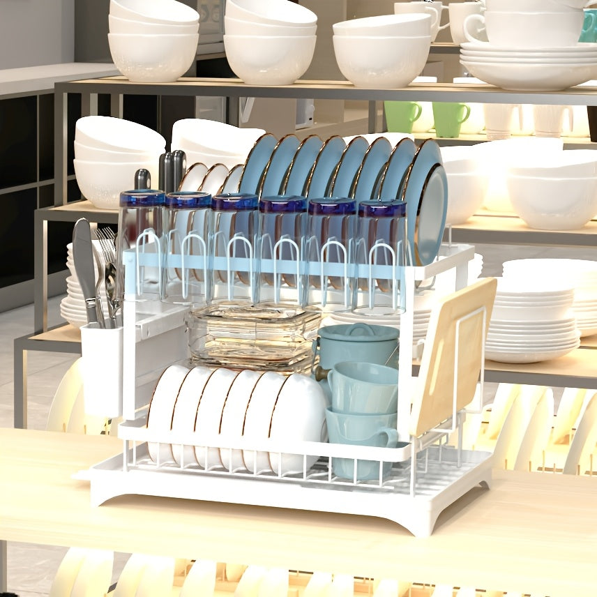 Kitchen Countertop Dish Drainer Rack 2 Tier Stainless Steel - Gold Dish Drying Rack with Knife Block, Cup Holder & Cutlery Caddy - Rust Proof Kitchen Organizer for Plates, Bowls & Utensils - Housewarming Gift