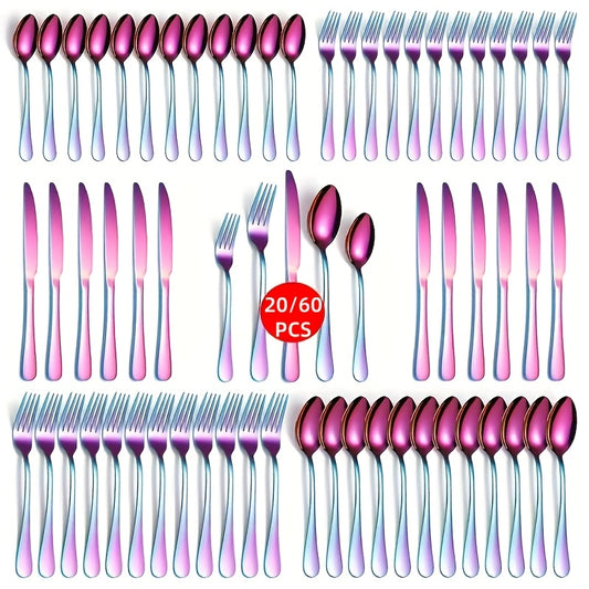 Rainbow Flatware Set Stainless Steel 20 or 60 Piece, Colorful Iridescent Cutlery Set Dishwasher Safe Rust-Resistant, Silverware Set for Home Wedding Restaurant Dining, Forks Knives Spoons