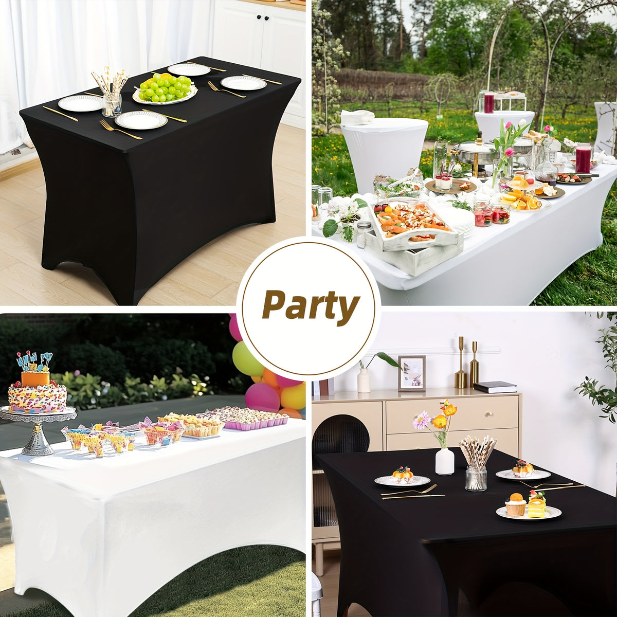 Stretch Spandex Tablecloth 2 or 3 Pack 4ft 6ft 8ft – Wrinkle-Resistant Fitted Rectangle Table Cover Black White for Wedding Banquet Trade Show Graduation Party Bridal Shower
