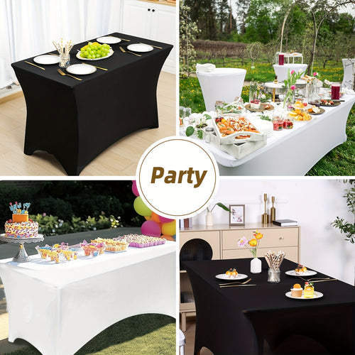 Stretch Spandex Tablecloth 2 or 3 Pack 4ft 6ft 8ft – Wrinkle-Resistant Fitted Rectangle Table Cover Black White for Wedding Banquet Trade Show Graduation Party Bridal Shower