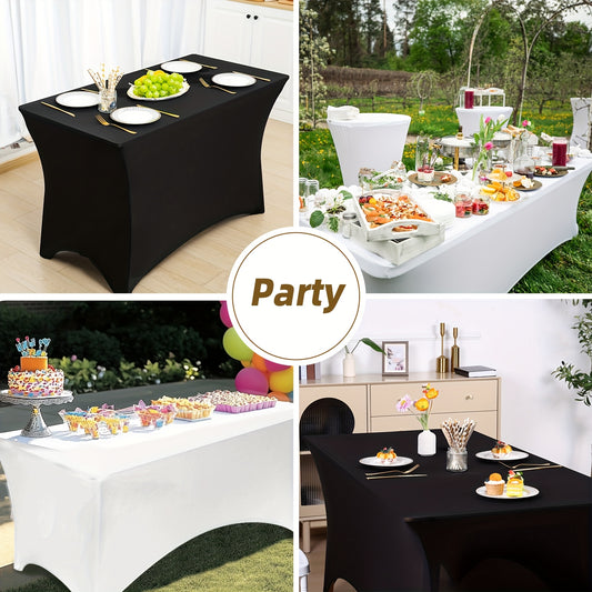 Stretch Spandex Tablecloth 2 or 3 Pack 4ft 6ft 8ft – Wrinkle-Resistant Fitted Rectangle Table Cover Black White for Wedding Banquet Trade Show Graduation Party Bridal Shower