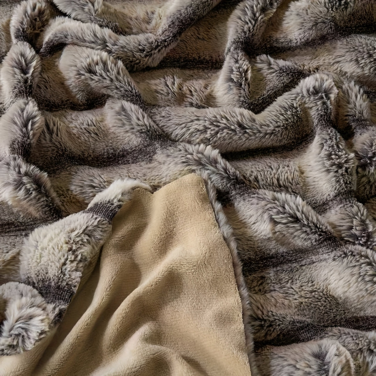 Faux Rabbit Fleece Blanket, Double Layer Thickened Soft Warm Throw – All Season Reversible Blanket for Adults, Couch, Bed & Travel, Machine Washable, Throw / Twin XL / Queen / King, Grey Khaki Beige