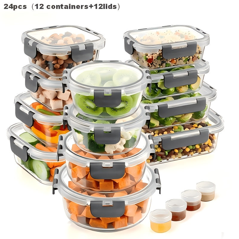 24pcs Glass Lunch Bento Boxes with Lids – 12 Containers + 12 Lids, Leak-Proof Meal Prep Food Storage, Microwave Oven Refrigerator Dishwasher Safe, Grey