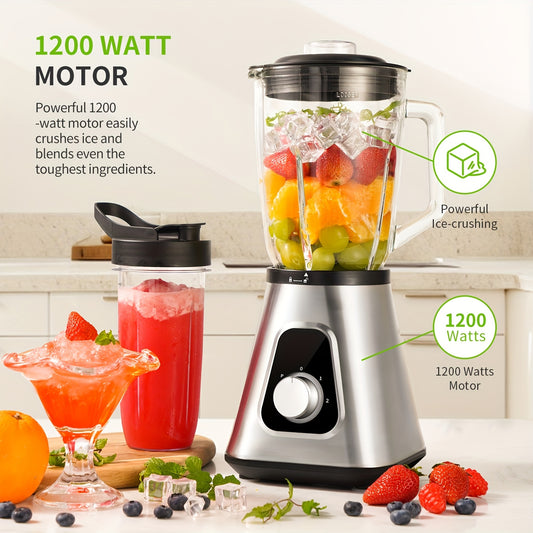 Blender 1200W Smoothie Maker & Milkshake Machine – 52 Oz Countertop + 22 Oz Personal Blender Set, 3 Speeds, Frozen Fruit Beverages Sauces, Silver