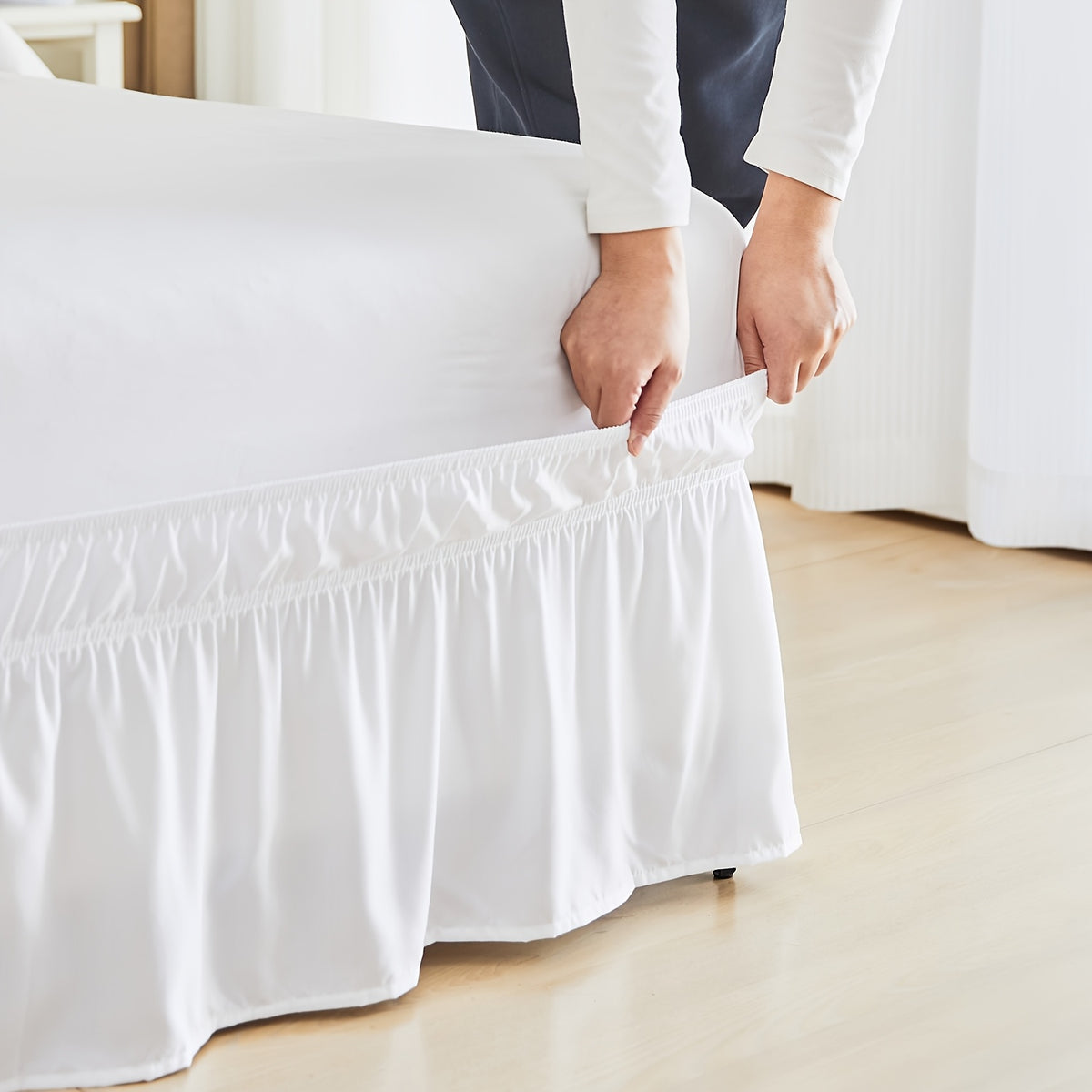 Bed Skirt Wrap Around Elastic – 15 Inch Drop Microfiber Dust Ruffle No Lift Needed Adjustable Hotel Quality Fade Resistant Machine Washable Twin Full Queen King 30 Colors