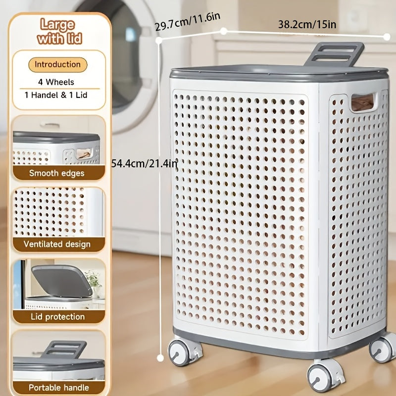 Foldable Laundry Hamper with Wheels – Large Dirty Clothes Basket with Lid for Bedroom Bathroom Dorm RV Home Storage Organizer