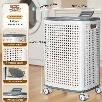 Foldable Laundry Hamper with Wheels – Large Dirty Clothes Basket with Lid for Bedroom Bathroom Dorm RV Home Storage Organizer