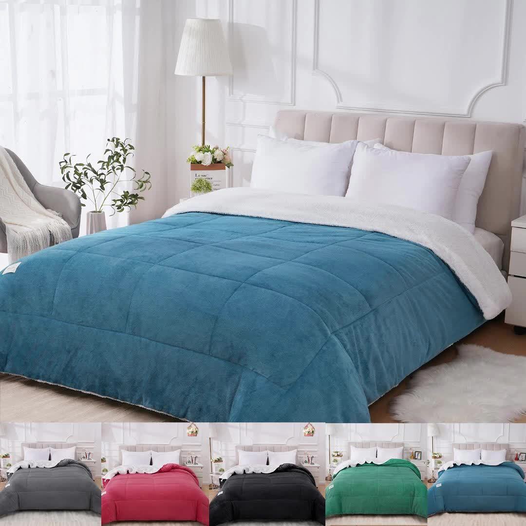 All Season Comforter Thick Soft Quilted Duvet Machine Washable Box Stitch Solid Color – Twin Full Queen King Breathable Warm Bedroom Comforter for Fall Winter Rouge Black Grey Blue Green