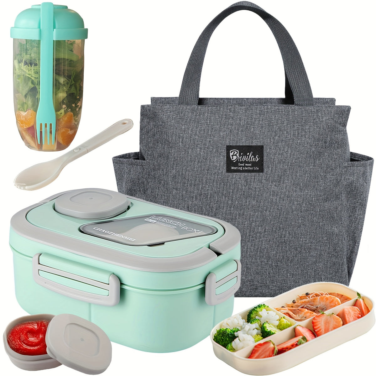Bento Lunch Box Set with Bag and Cup, 2-Layer Multi-Compartment Meal Prep Container for School Office Picnic, Leakproof Food Storage Box with Insulated Lunch Bag, Pink Blue Green White