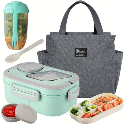 Bento Lunch Box Set with Bag and Cup, 2-Layer Multi-Compartment Meal Prep Container for School Office Picnic, Leakproof Food Storage Box with Insulated Lunch Bag, Pink Blue Green White