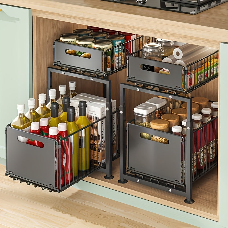Under Sink Organizer 2-Tier Pull Out Cabinet Shelf with Adjustable Height, Sturdy Carbon Steel Under Sink Storage Rack for Kitchen Bathroom Pantry Cabinet Organization, Space Saving Sliding Drawer