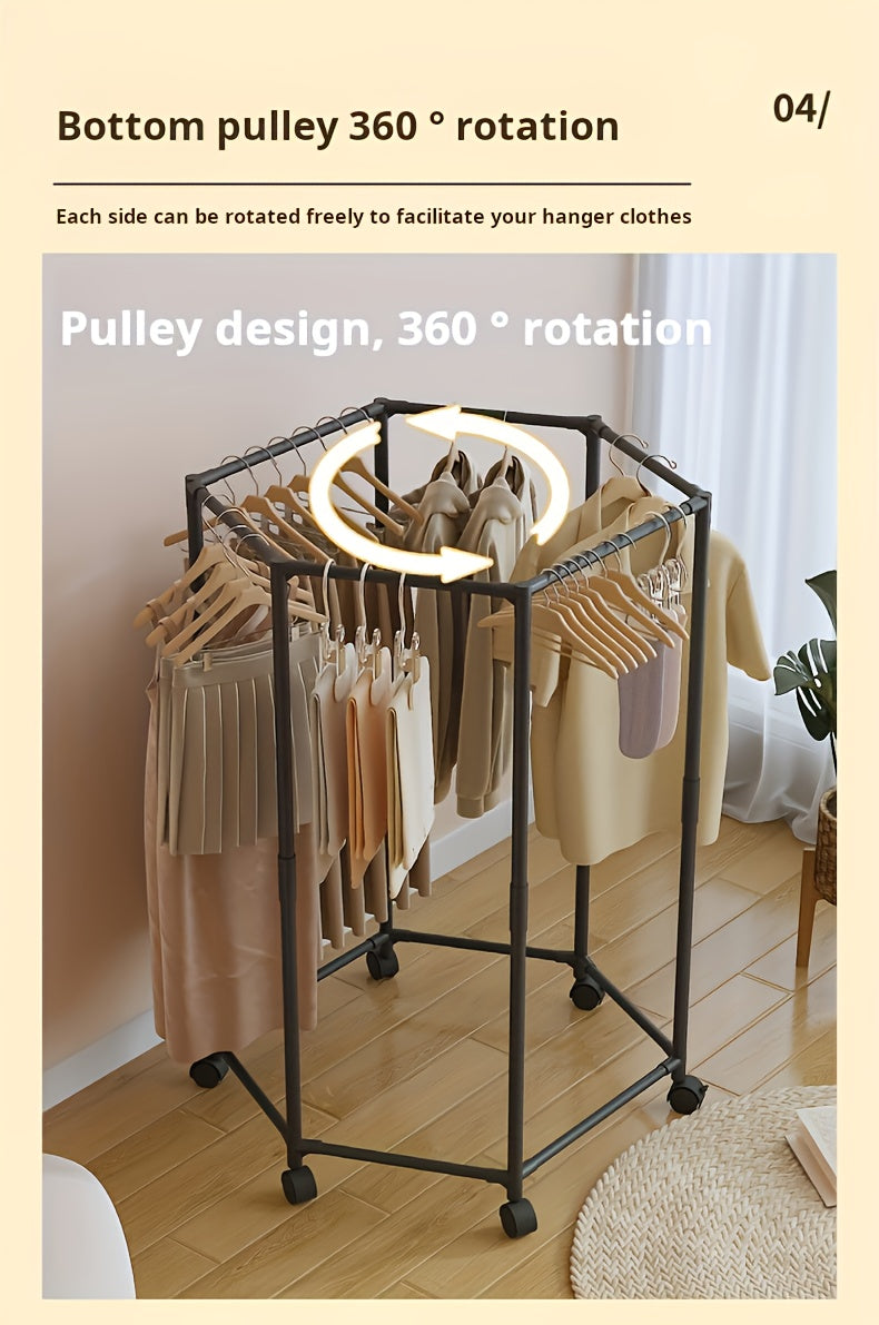 Rotating Clothes Rack Hexagonal – Freestanding 360° Rotary Vertical Clothing Hanging Rack for Laundry Room Bedroom, Space Saving Garment Organizer for Small Apartment, Black or White with Optional Mesh Bag