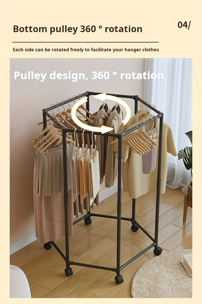 Rotating Clothes Rack Hexagonal – Freestanding 360° Rotary Vertical Clothing Hanging Rack for Laundry Room Bedroom, Space Saving Garment Organizer for Small Apartment, Black or White with Optional Mesh Bag