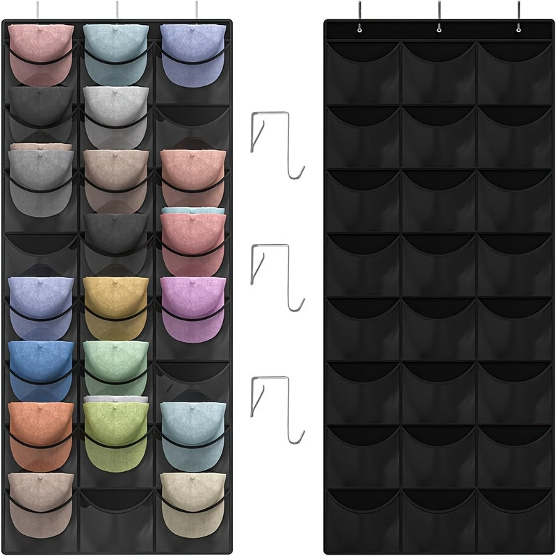 Over The Door Hat Organizer 24 Pocket Baseball Cap Rack with Clear Pockets and 3 Hooks Closet Hat Storage Holder for Hat Display and Protection