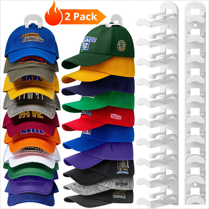 Hat Rack for Baseball Caps Wall Mounted 2 Pack – Multilayer Adhesive or Drill Mount Hat Organizer Holds Up to 20 Hats, Durable Plastic Hat Hooks for Closet Door Bedroom Wall, Black or White Hat Storage