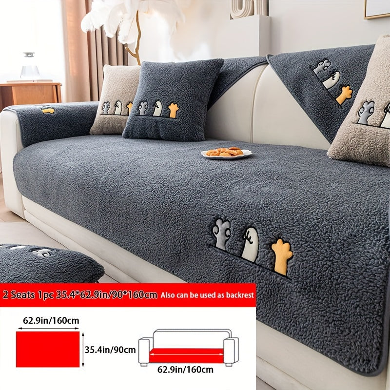 Sofa Cover Plush Shearling Non-Slip Pet-Friendly – Thick Couch Protector with Animal Bone Embroidery for 2 3 4 Seater, Soft Warm Slipcover for Living Room Bedroom Office in Dark Gray Off White Coffee Black