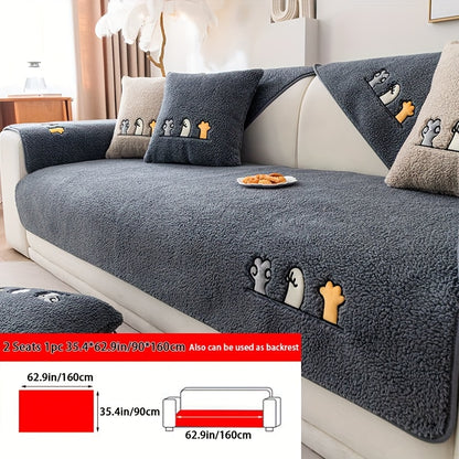 Sofa Cover Plush Shearling Non-Slip Pet-Friendly – Thick Couch Protector with Animal Bone Embroidery for 2 3 4 Seater, Soft Warm Slipcover for Living Room Bedroom Office in Dark Gray Off White Coffee Black