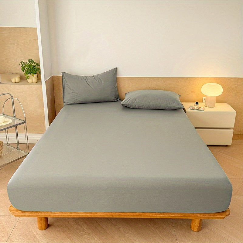 Soft Fitted Bed Sheet Set 3-Piece with 2 Pillowcases – Solid Color Layered Fitted Sheet for Bedroom Guest Room Hotel Mattress Protection