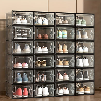 Shoe Boxes Clear Stackable with Lid 12/24pcs – Thickened Transparent Foldable Sneaker Storage Organizer for Entryway Bedroom Closet Dorm, Black White Gray