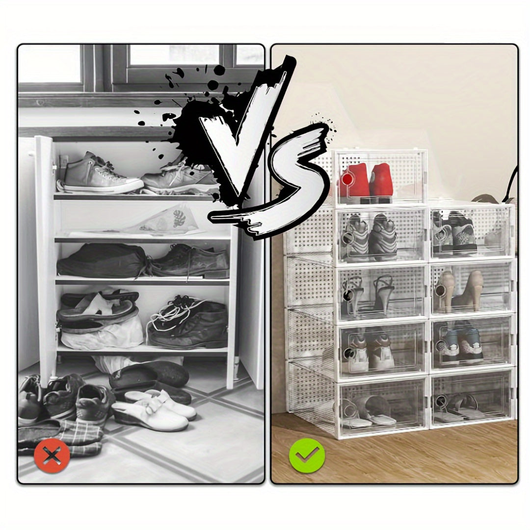 Shoe Boxes Clear Stackable with Lid 12/24pcs – Thickened Transparent Foldable Sneaker Storage Organizer for Entryway Bedroom Closet Dorm, Black White Gray