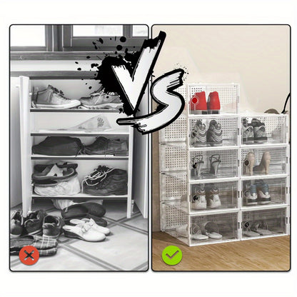 Shoe Boxes Clear Stackable with Lid 12/24pcs – Thickened Transparent Foldable Sneaker Storage Organizer for Entryway Bedroom Closet Dorm, Black White Gray